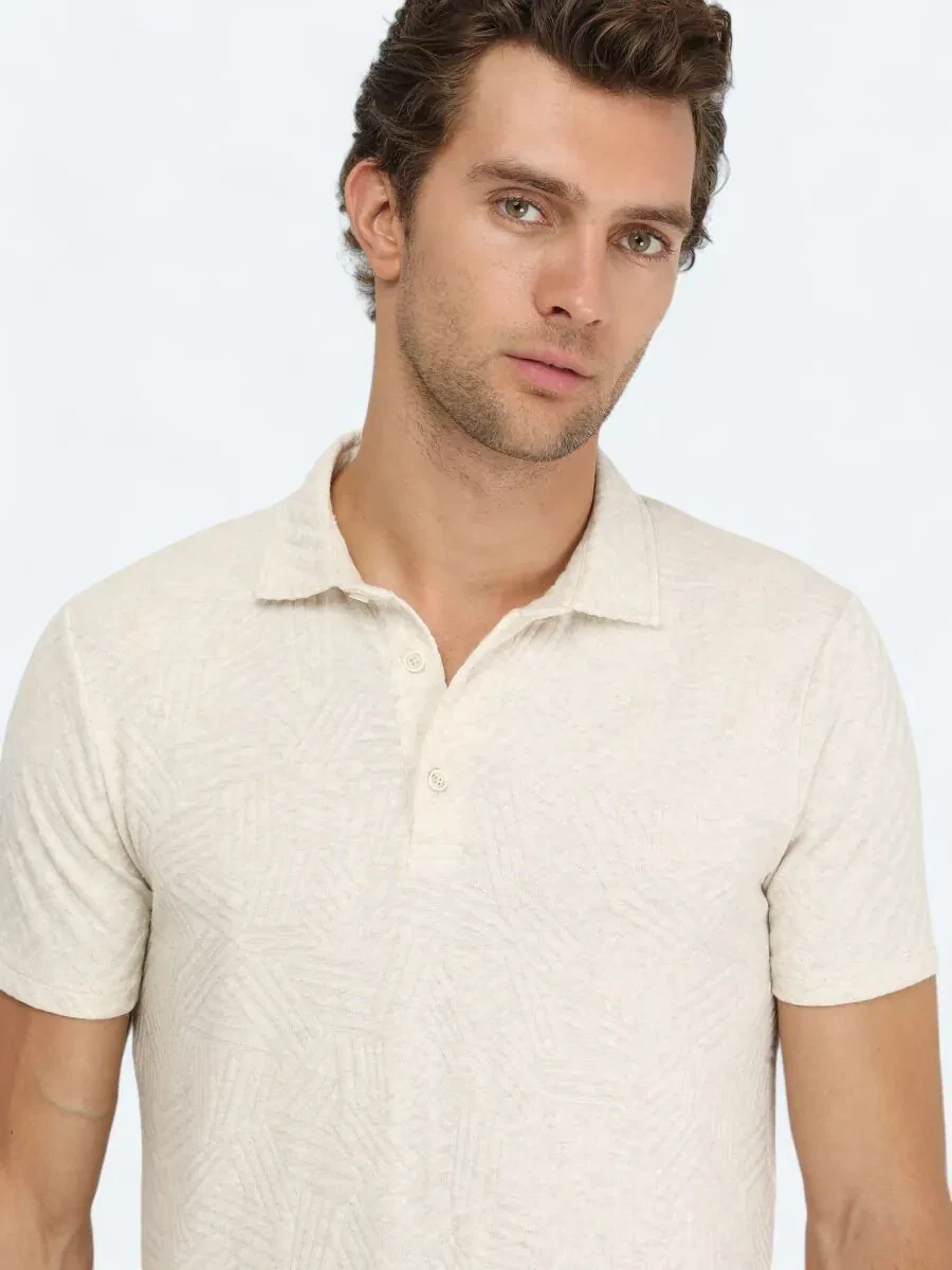 Ekru Jakarlı Polo Yaka Pamuk Karışımlı T-Shirt - 3