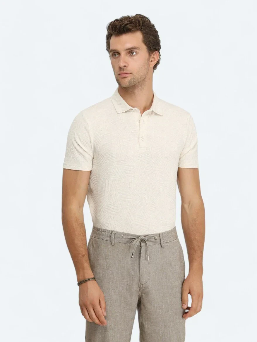 Ekru Jakarlı Polo Yaka Pamuk Karışımlı T-Shirt - KİP