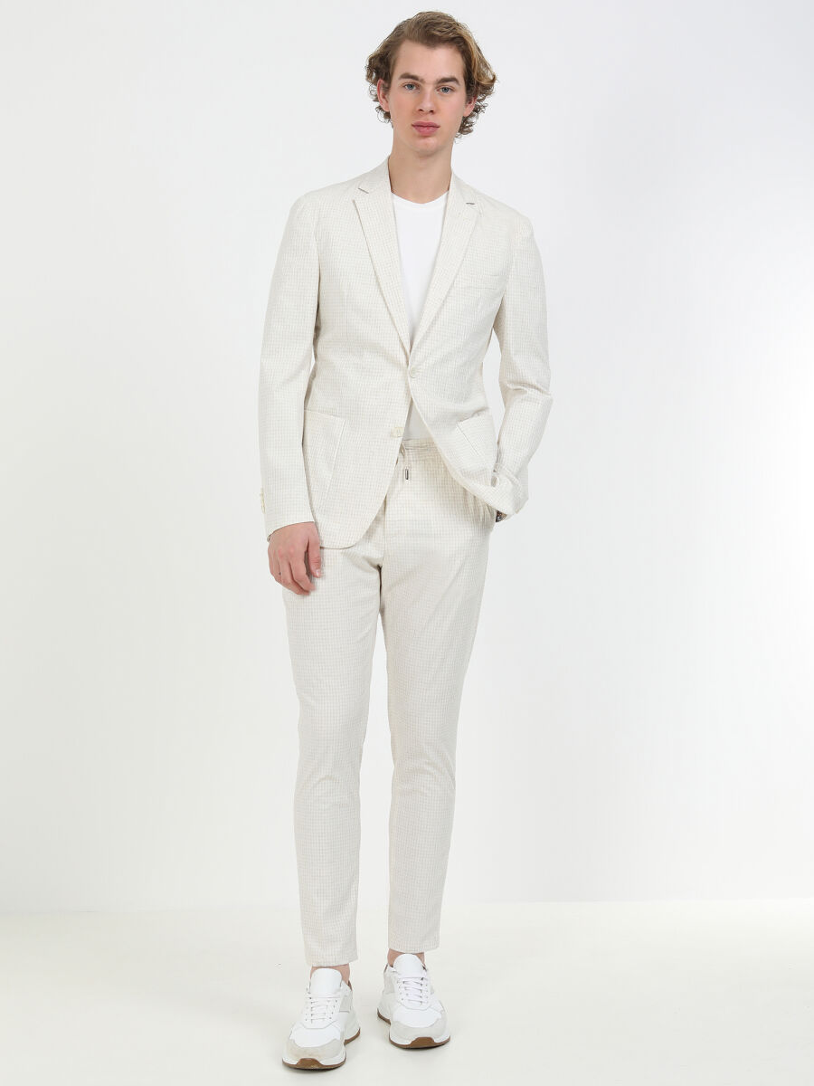 Ekru Kareli Modern Fit Keten Karışımlı Takım Elbise - 2