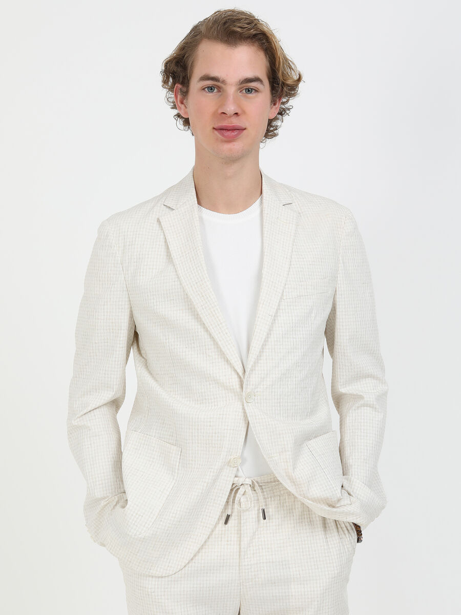 Ekru Kareli Modern Fit Keten Karışımlı Takım Elbise - 3