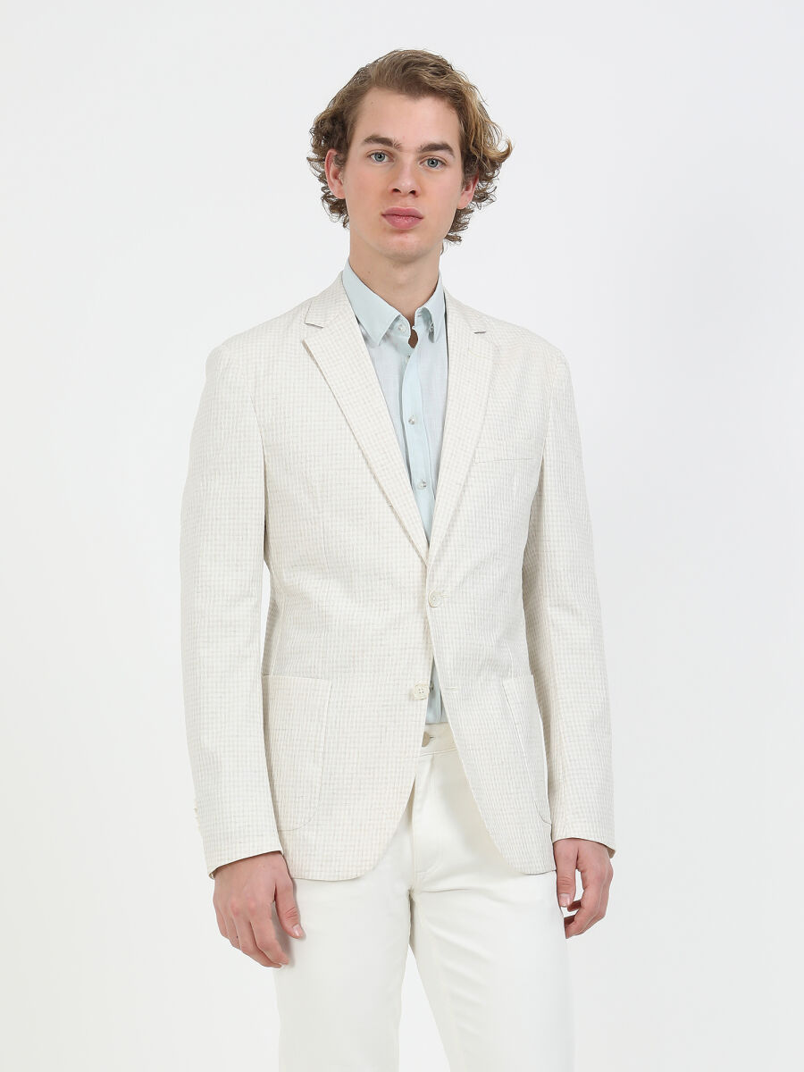 Ekru Kareli Modern Fit Keten Karışımlı Takım Elbise - 6