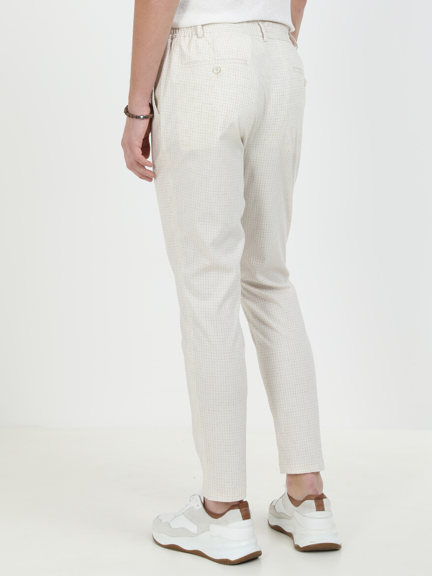 Ekru Kareli Modern Fit Keten Karışımlı Takım Elbise - 12