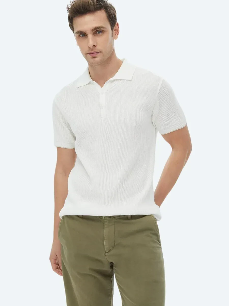 Ekru Polo Yaka Jakarlı Triko - 1