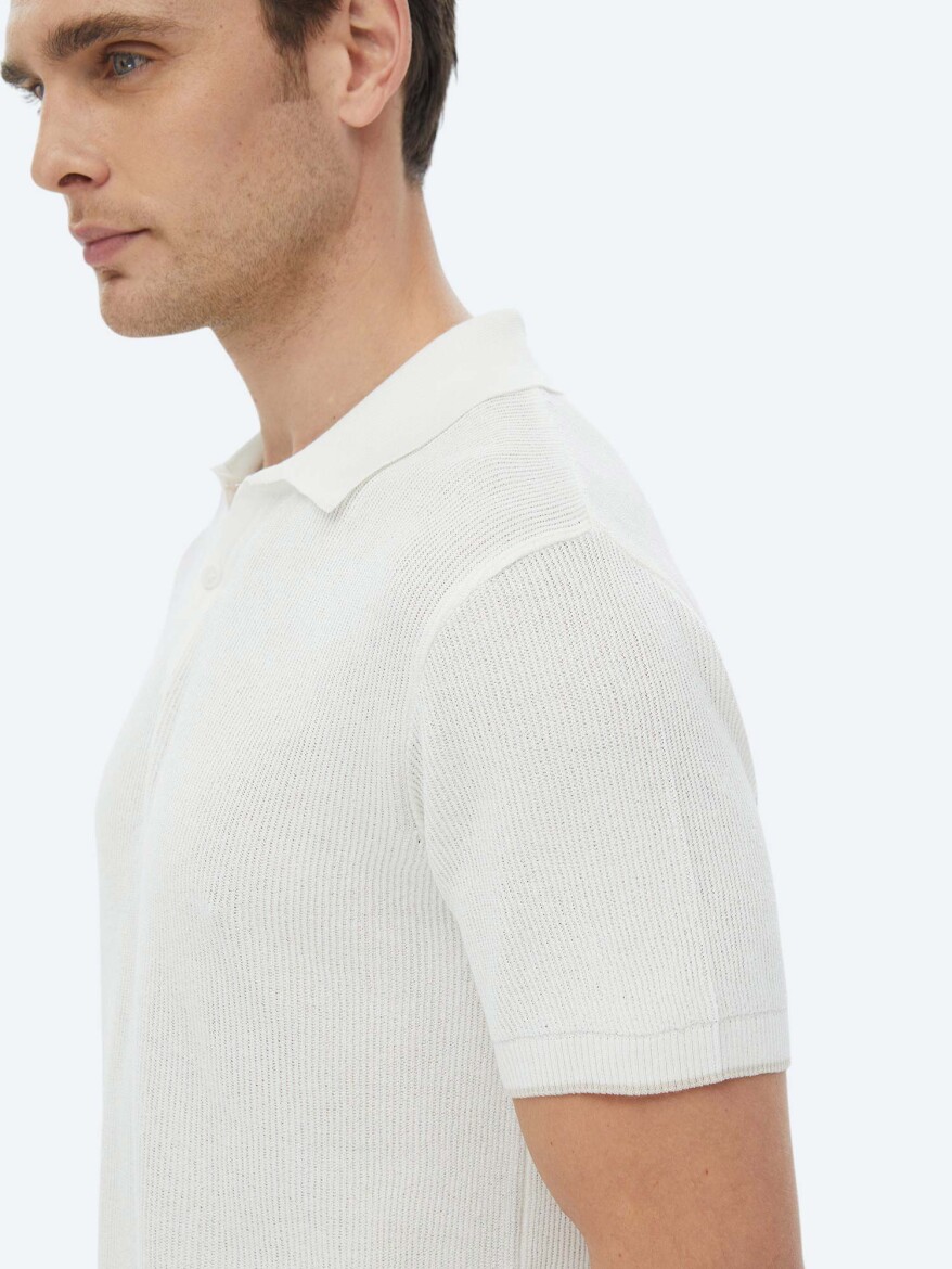 Ekru Polo Yaka Jakarlı Triko - 5
