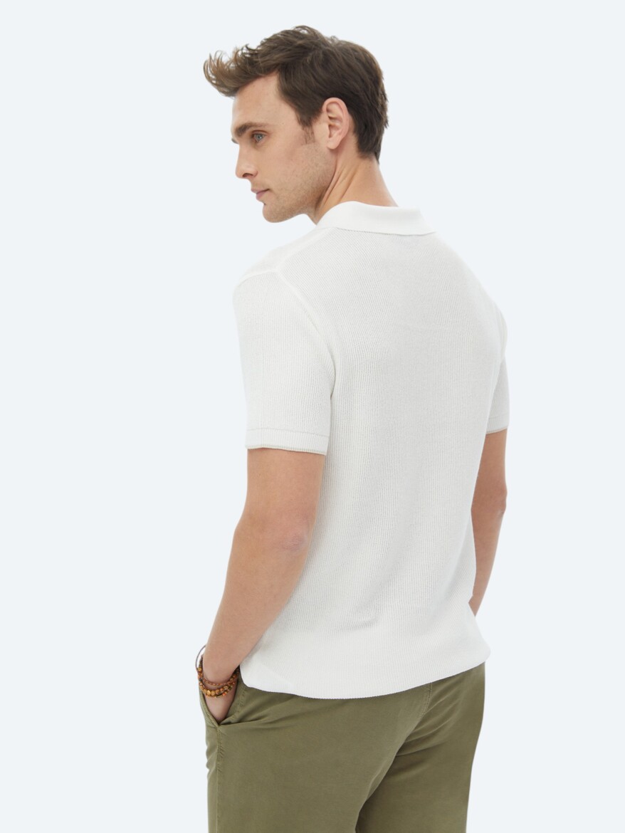 Ekru Polo Yaka Jakarlı Triko - 7
