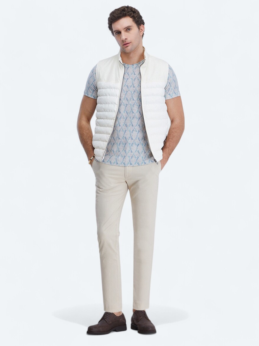 Ekru Regular Fit Dik Yaka Casual Dokuma Spor Yelek - 2