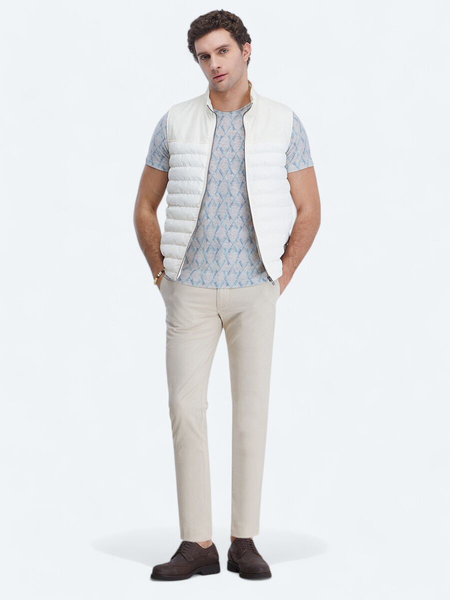 Ekru Regular Fit Dik Yaka Casual Dokuma Spor Yelek - 2