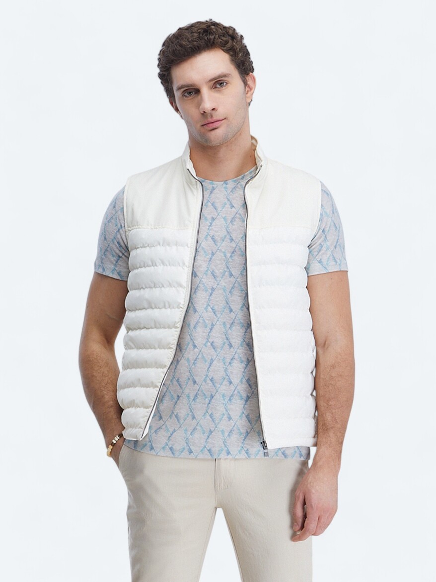 Ekru Regular Fit Dik Yaka Casual Dokuma Spor Yelek - 3