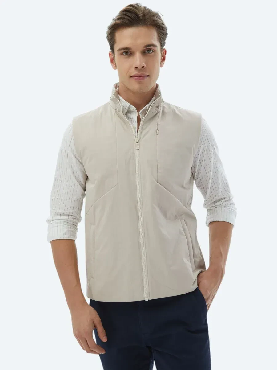Ekru Regular Fit Dik Yaka Casual Dokuma Spor Yelek - 1