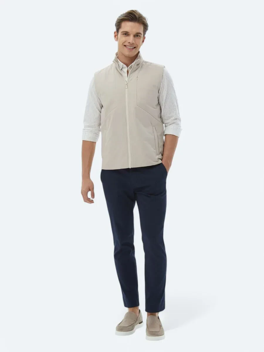 Ekru Regular Fit Dik Yaka Casual Dokuma Spor Yelek - 3