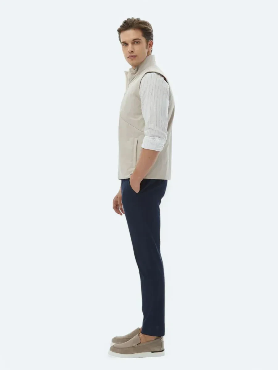 Ekru Regular Fit Dik Yaka Casual Dokuma Spor Yelek - 5