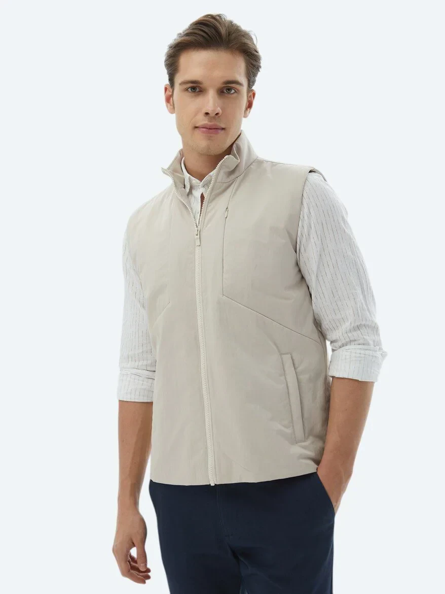 Ekru Regular Fit Dik Yaka Casual Dokuma Spor Yelek - 6
