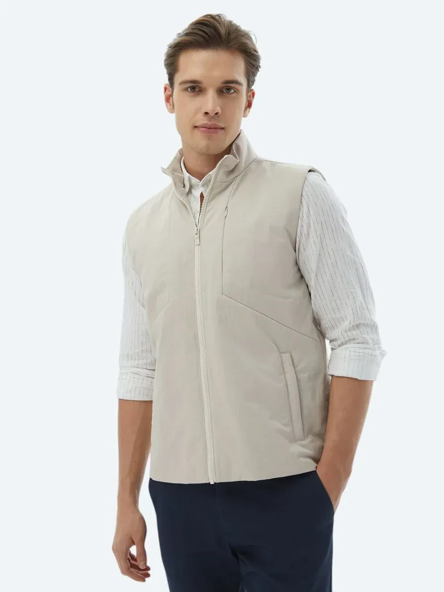 Ekru Regular Fit Dik Yaka Casual Dokuma Spor Yelek - 6