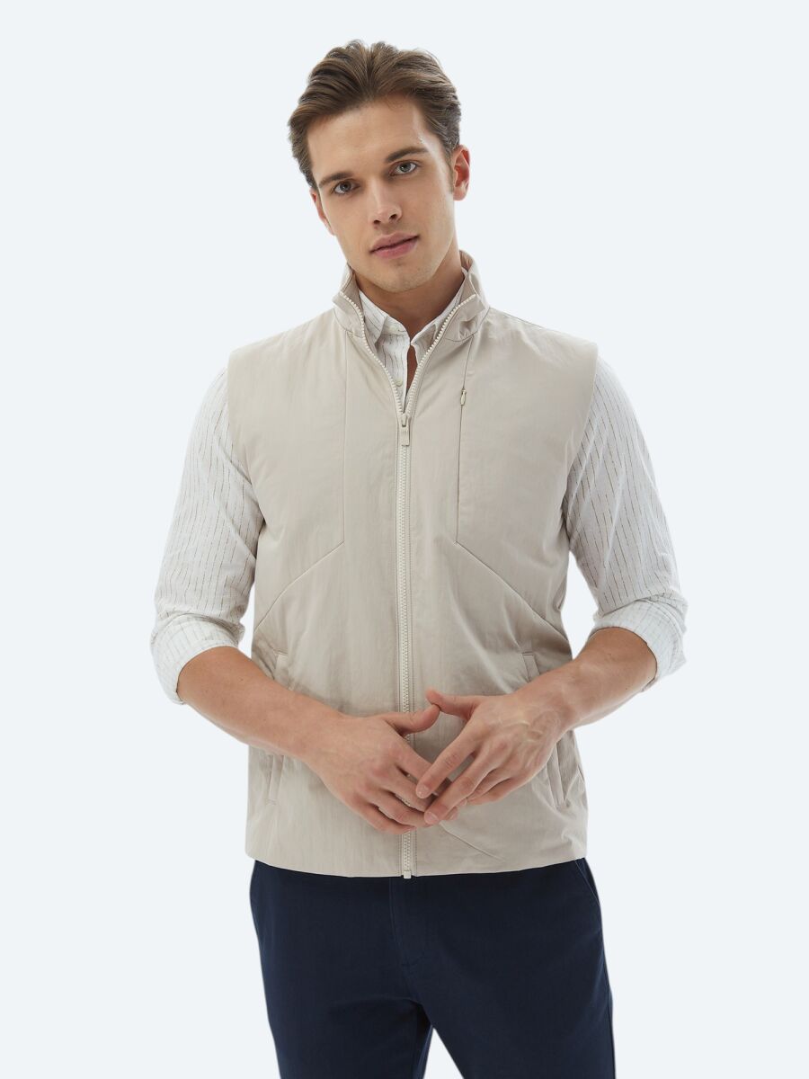 Ekru Regular Fit Dik Yaka Casual Dokuma Spor Yelek - 4