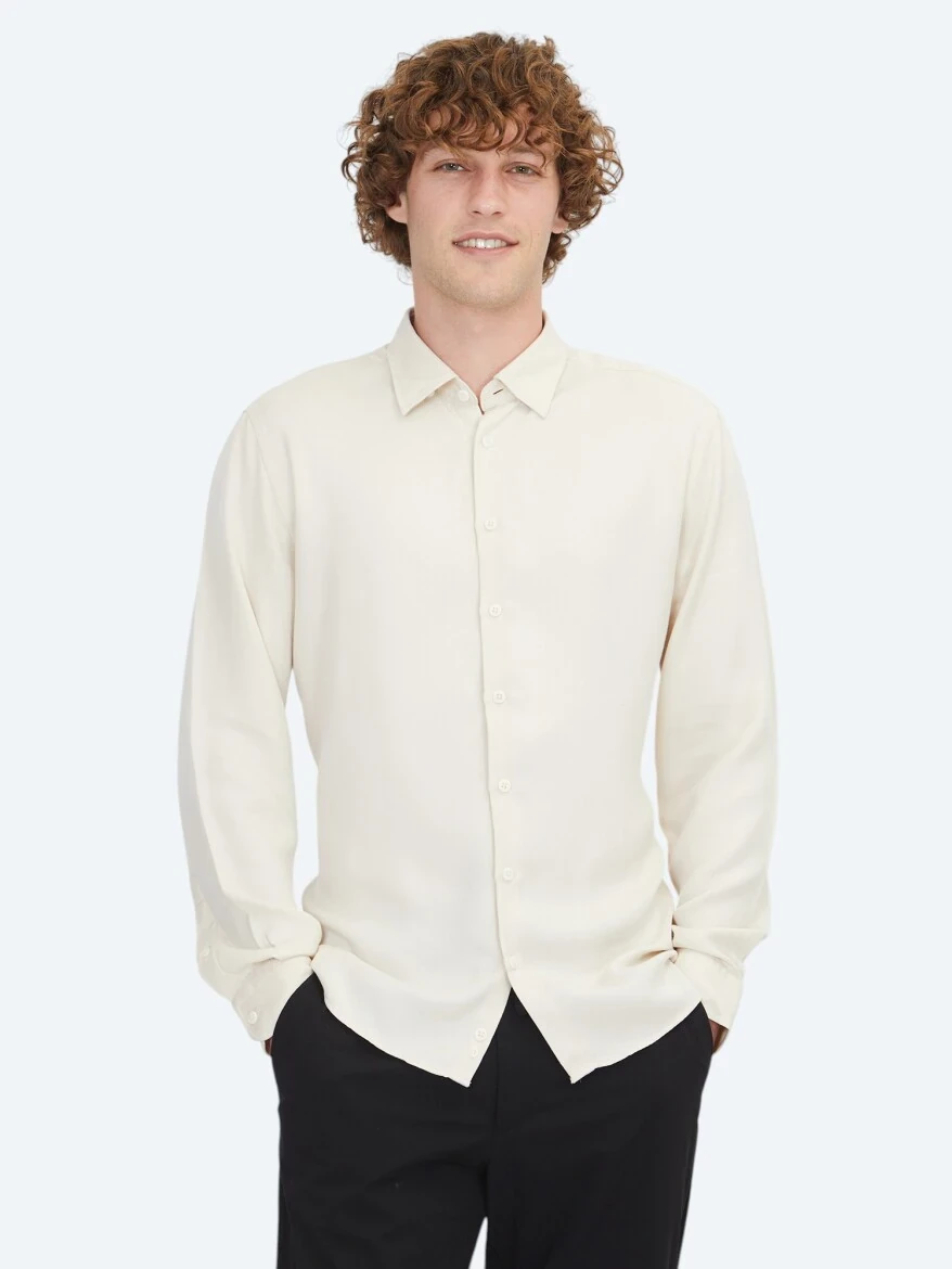 Ekru Regular Fit Dokuma Casual Gömlek - 1