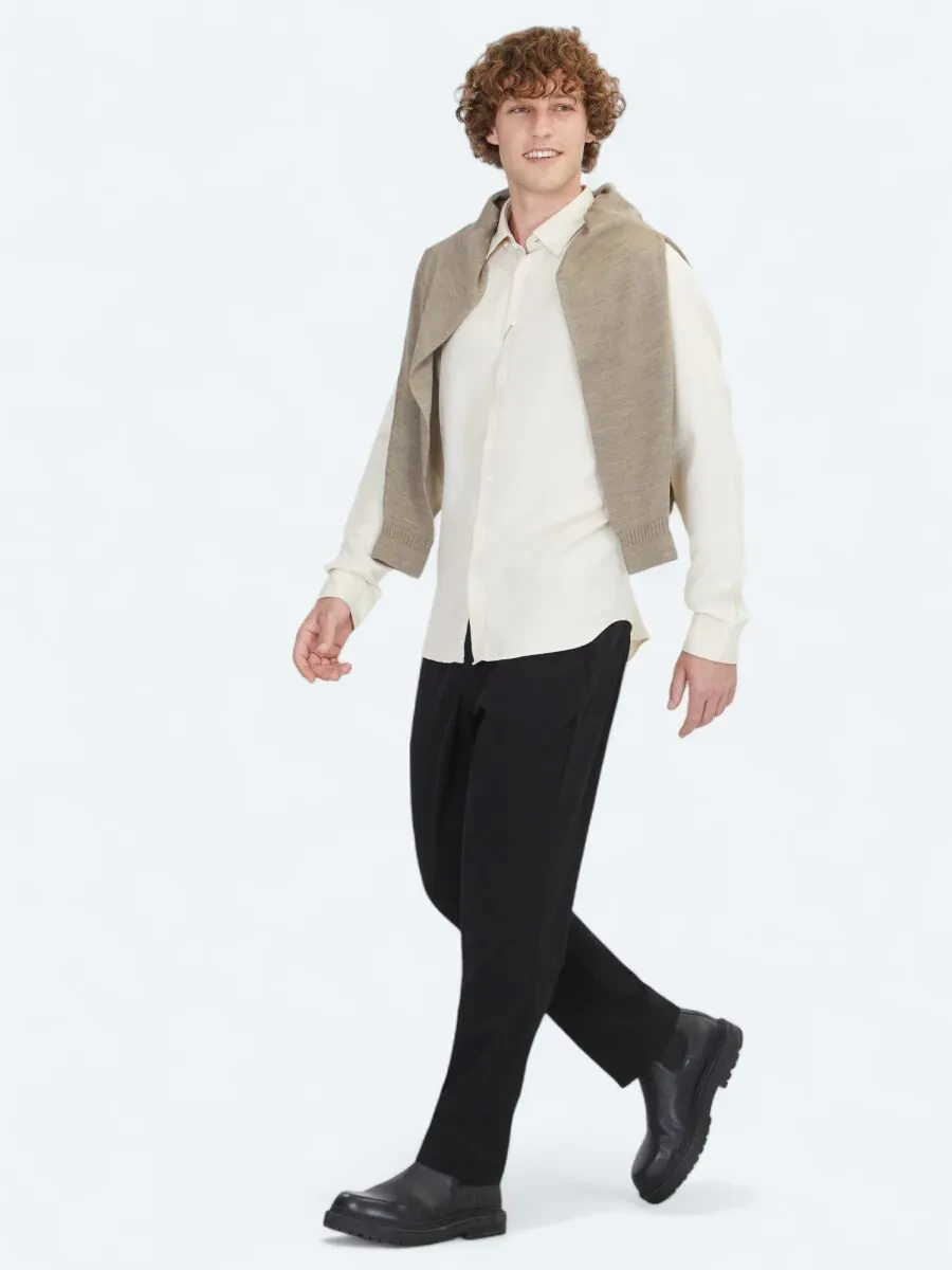 Ekru Regular Fit Dokuma Casual Gömlek - 3