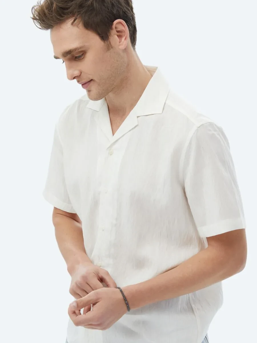 Ekru Regular Fit Dokuma Klasik Keten Karışımlı Gömlek - 5