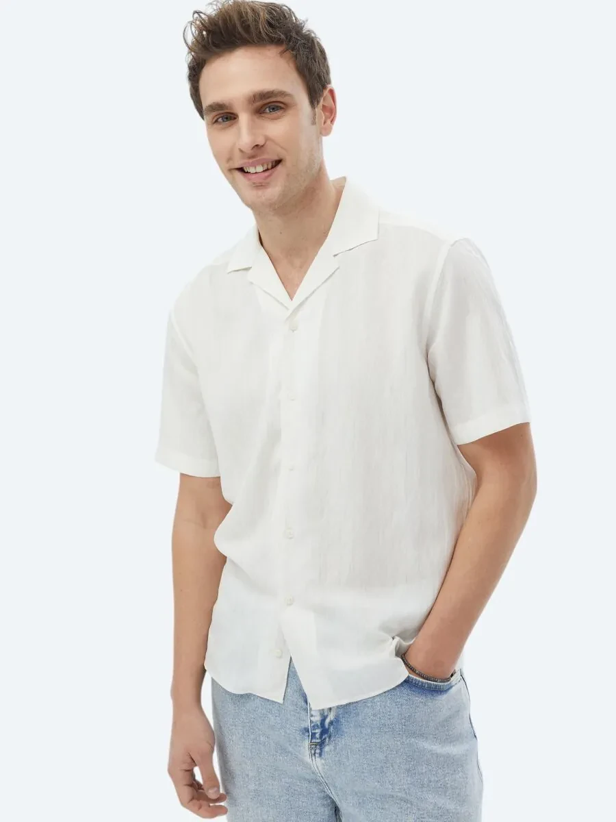 Ekru Regular Fit Dokuma Klasik Keten Karışımlı Gömlek - 6