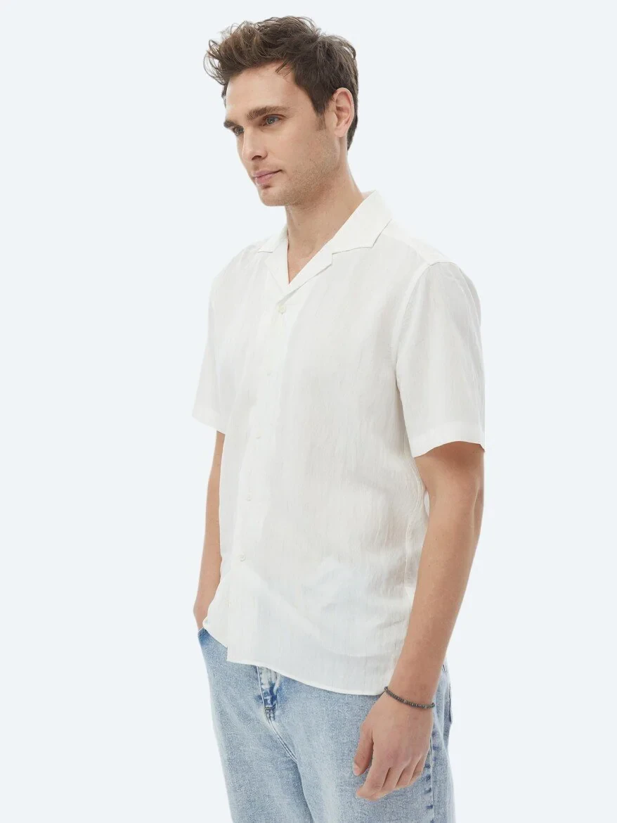 Ekru Regular Fit Dokuma Klasik Keten Karışımlı Gömlek - 9