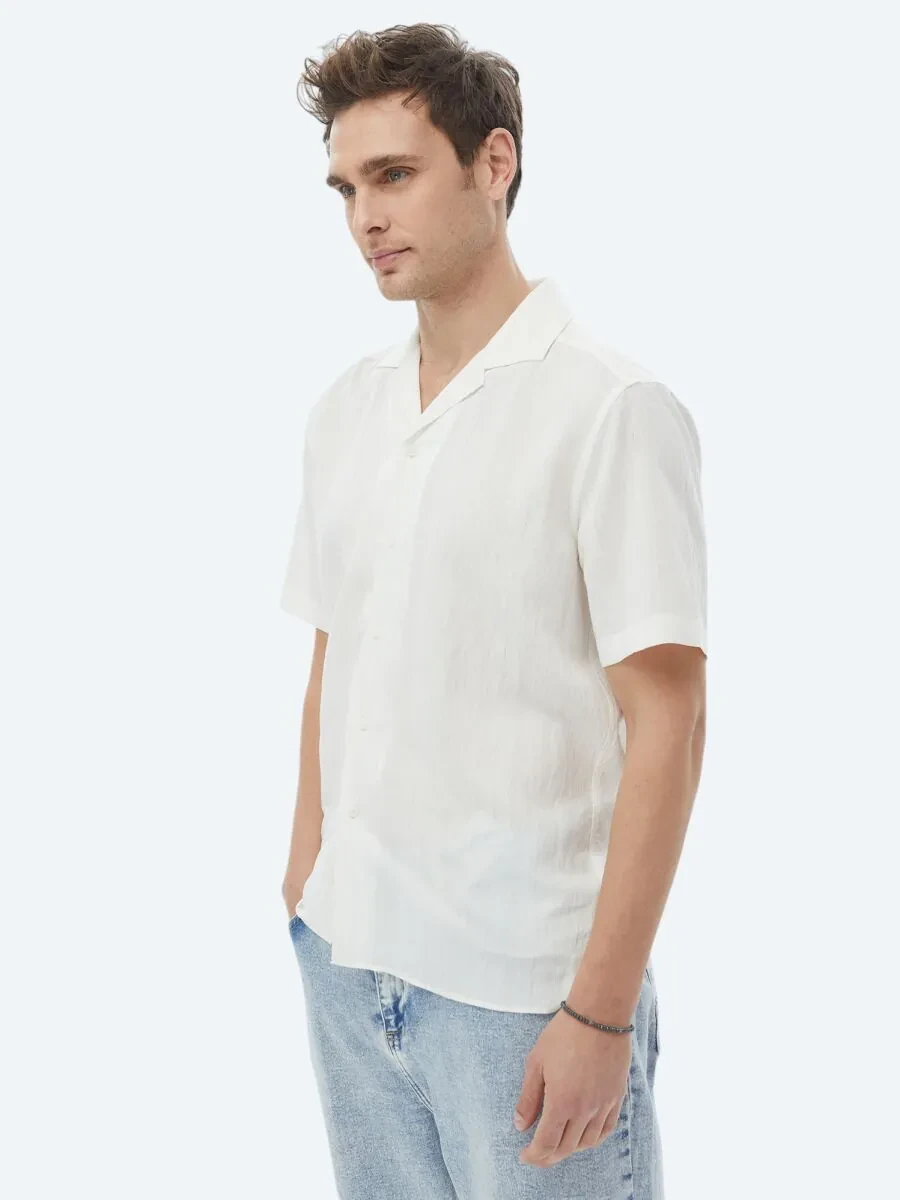 Ekru Regular Fit Dokuma Klasik Keten Karışımlı Gömlek - 9