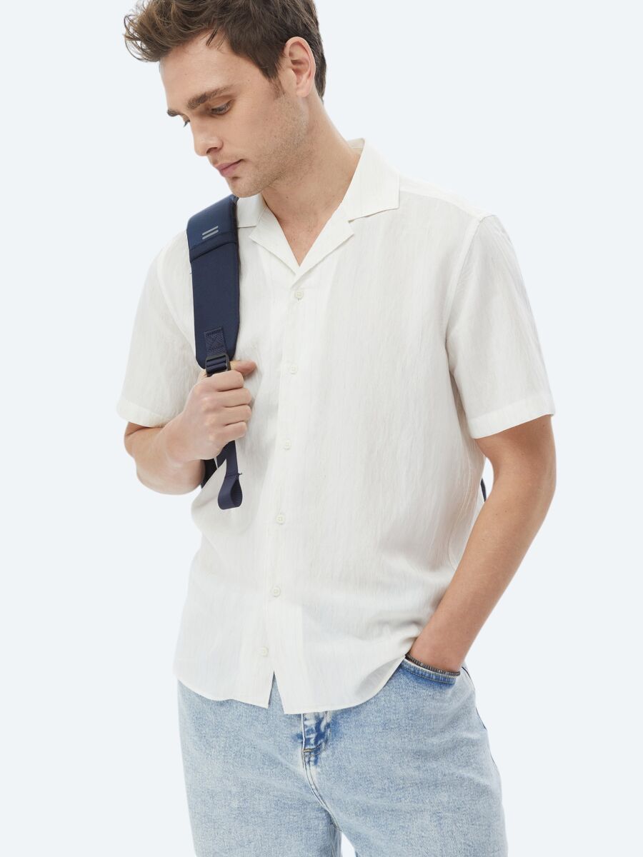 Ekru Regular Fit Kısa Dokuma Klasik Keten Karışımlı Gömlek - 4