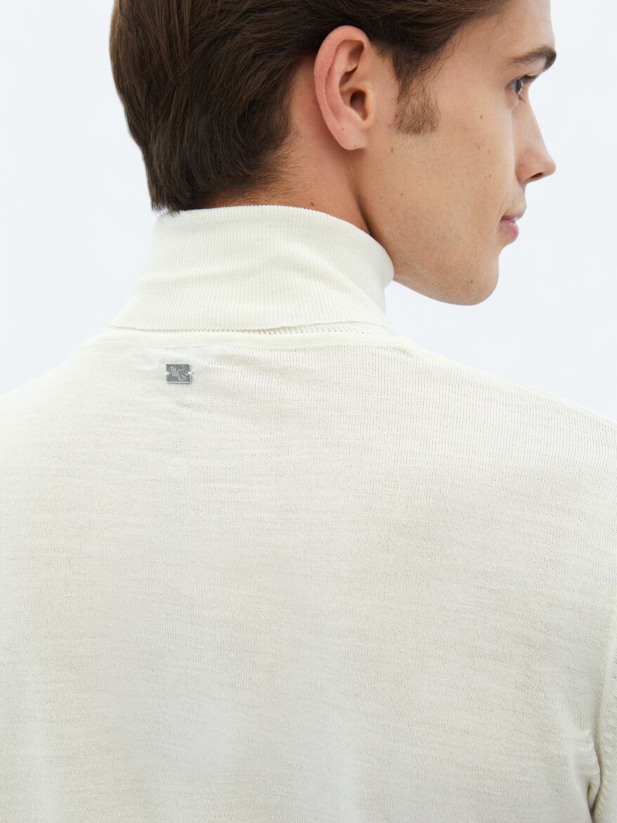 Ekru Tam Balıkçı Yaka Düz Örgü Yün Karışımlı Triko Kazak - 5