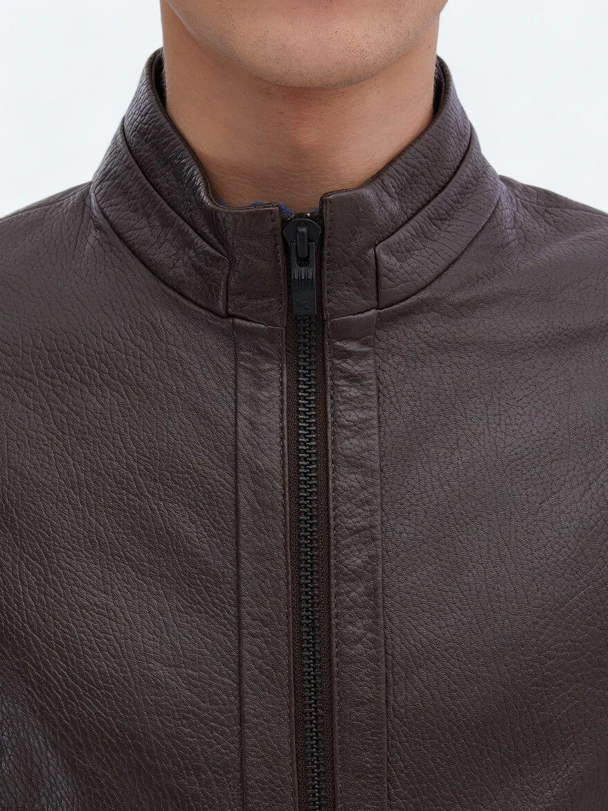 Fındık Dik Yaka Smart Casual Koyun Derisi Deri Mont - 6