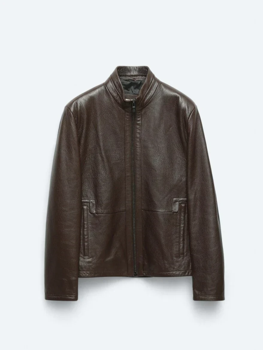 Fındık Dik Yaka Smart Casual Koyun Derisi Deri Mont - 8