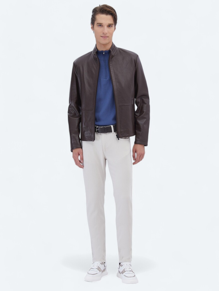 Fındık Regular Fit Dik Yaka Smart Casual Koyun Derisi Deri Mont - 2