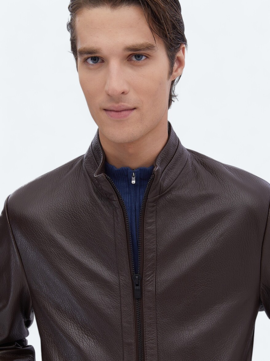 Fındık Regular Fit Dik Yaka Smart Casual Koyun Derisi Deri Mont - 4