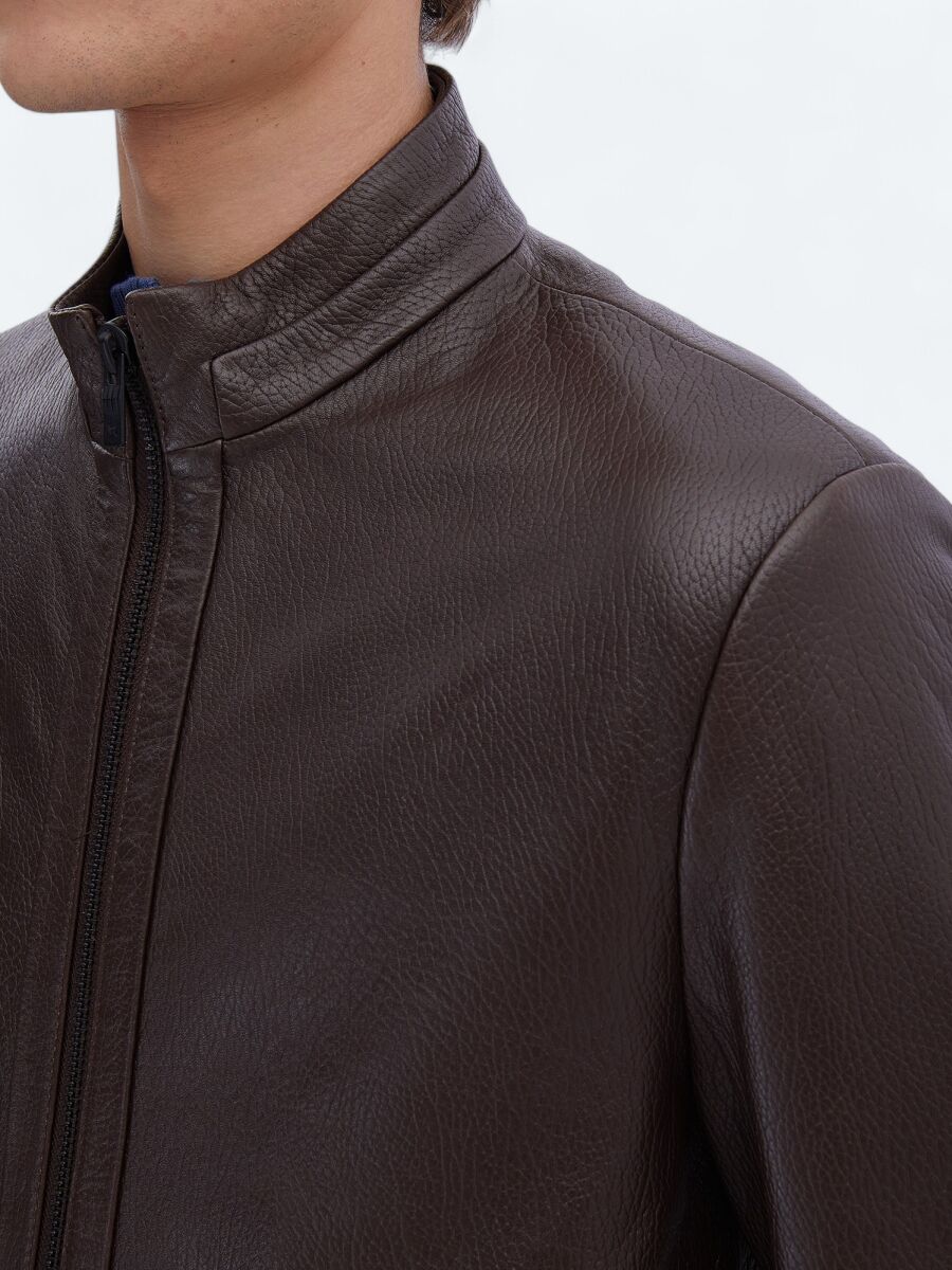 Fındık Regular Fit Dik Yaka Smart Casual Koyun Derisi Deri Mont - 5