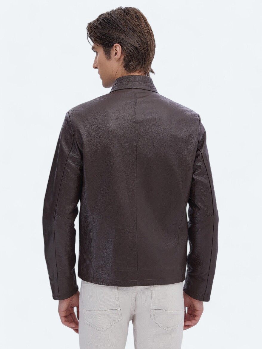 Fındık Regular Fit Dik Yaka Smart Casual Koyun Derisi Deri Mont - 7