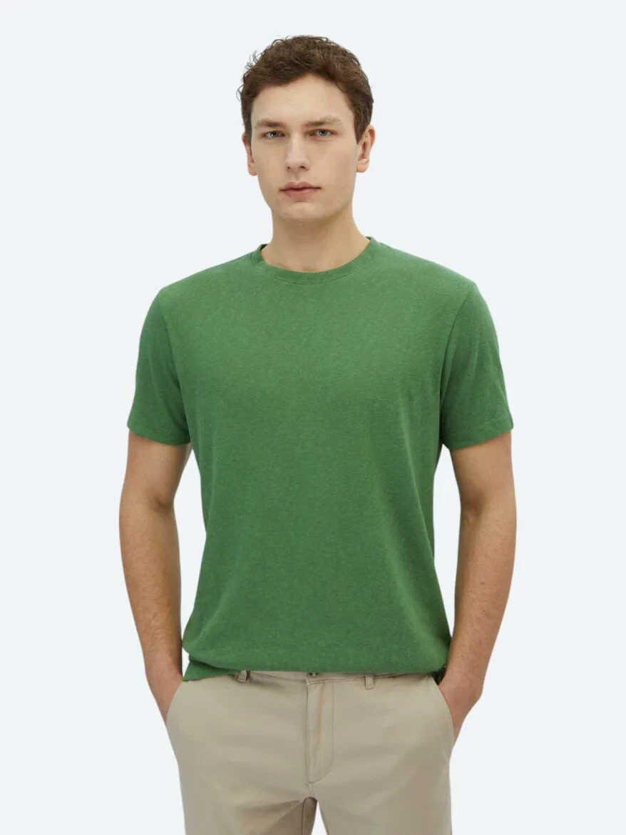 Fıstık Yeşili Düz Bisiklet Yaka Pamuk Karışımlı T-Shirt - 1