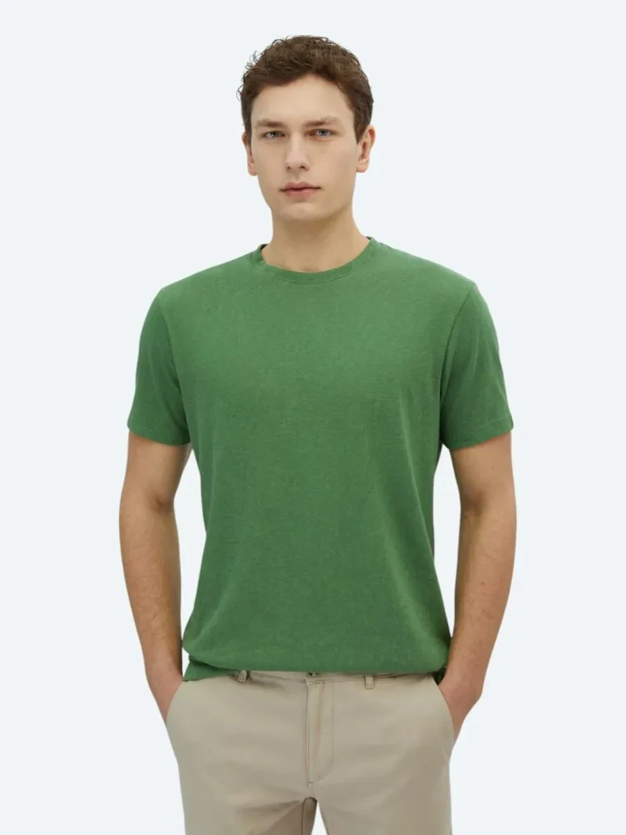 Fıstık Yeşili Düz Bisiklet Yaka Pamuk Karışımlı T-Shirt - 1