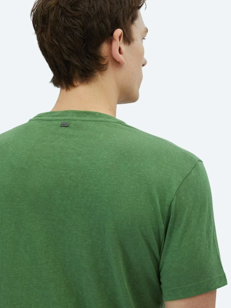 Fıstık Yeşili Düz Bisiklet Yaka Pamuk Karışımlı T-Shirt 