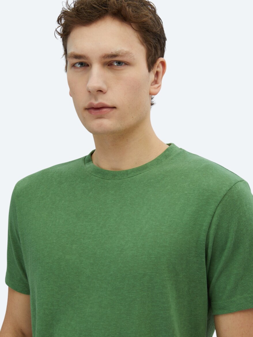 Fıstık Yeşili Düz Bisiklet Yaka Pamuk Karışımlı T-Shirt - 3