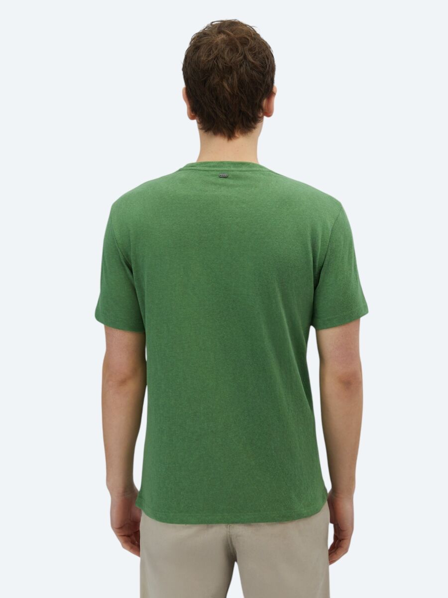 Fıstık Yeşili Düz Bisiklet Yaka Pamuk Karışımlı T-Shirt - 5