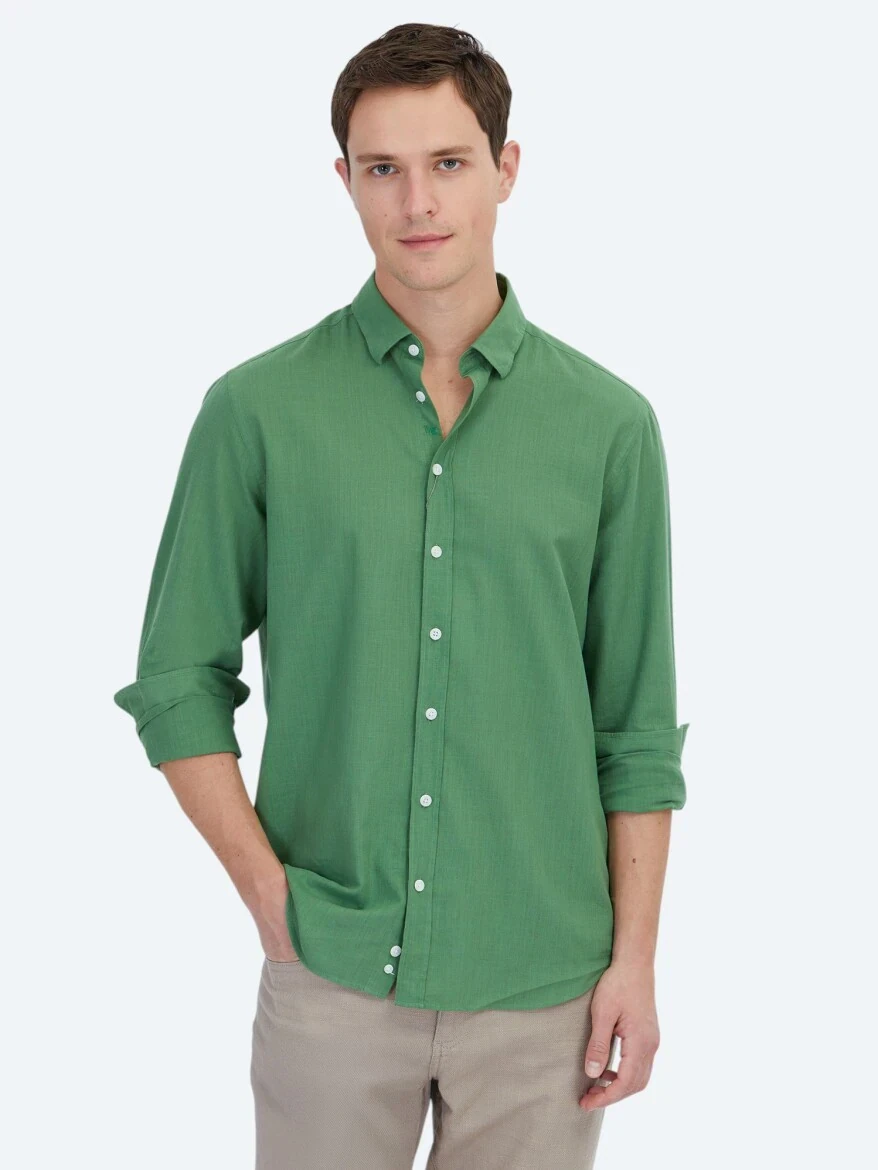 Fıstık Yeşili Düz Regular Fit Dokuma Casual %100 Pamuk Gömlek - 1