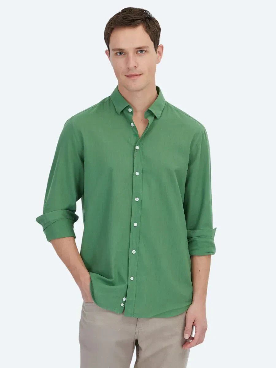 Fıstık Yeşili Düz Regular Fit Dokuma Casual %100 Pamuk Gömlek - 1