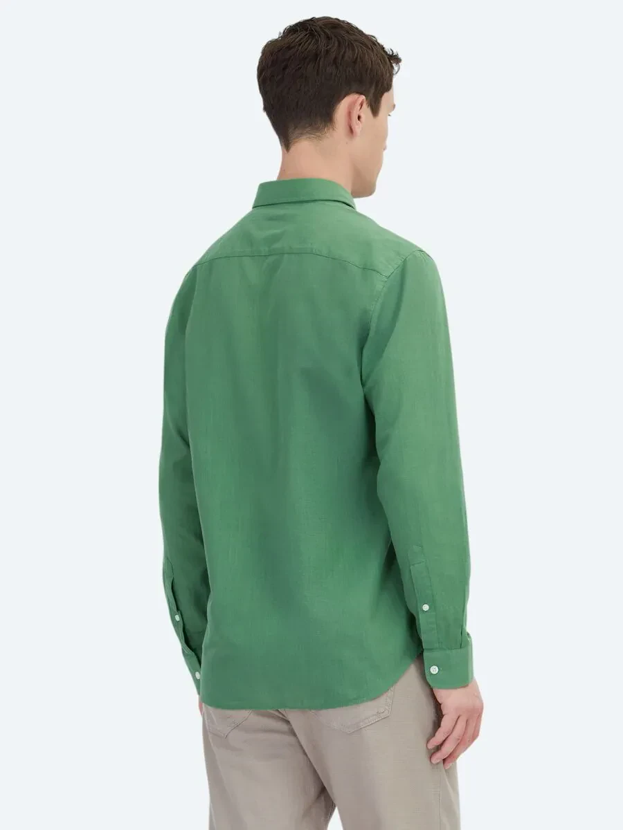 Fıstık Yeşili Düz Regular Fit Dokuma Casual %100 Pamuk Gömlek - 5