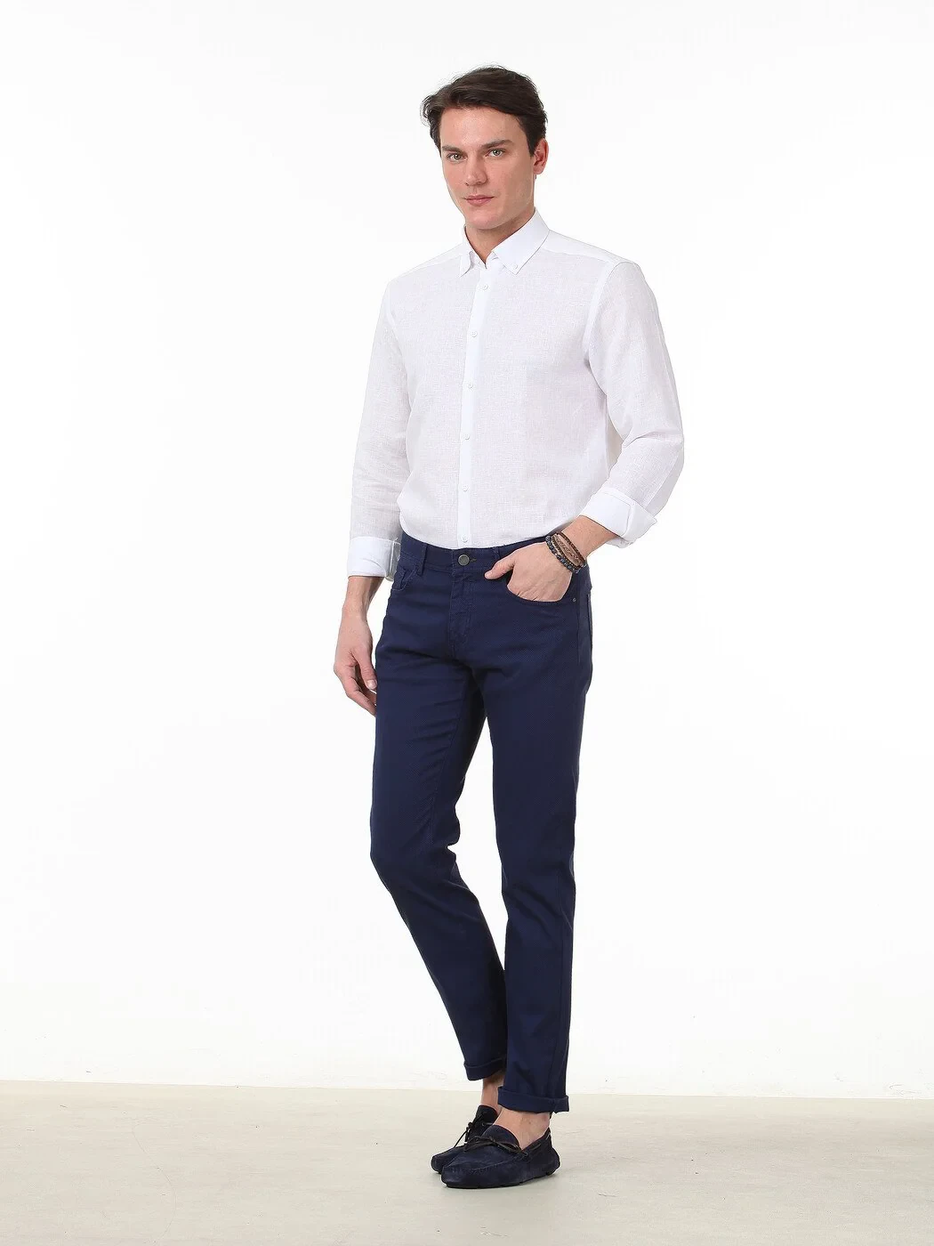 Gece Mavisi Dokuma Slim Fit Casual Pamuk Karışımlı Pantolon - 1