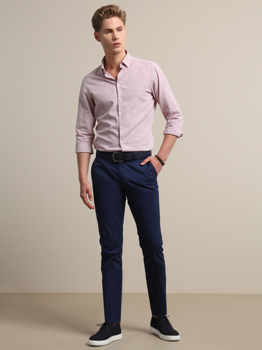 Gece Mavisi Düz Dokuma Regular Fit Casual Pamuk Karışımlı Pantolon - 1