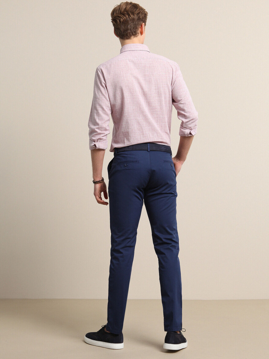 Gece Mavisi Düz Dokuma Regular Fit Casual Pamuk Karışımlı Pantolon - 4