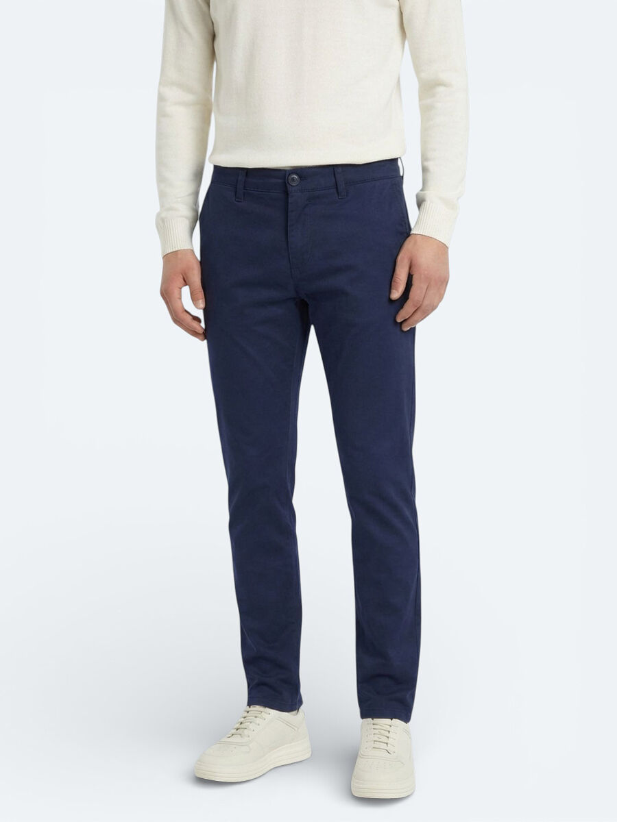 Gece Mavisi Düz Dokuma Slim Fit Casual Pamuk Karışımlı Pantolon - 2