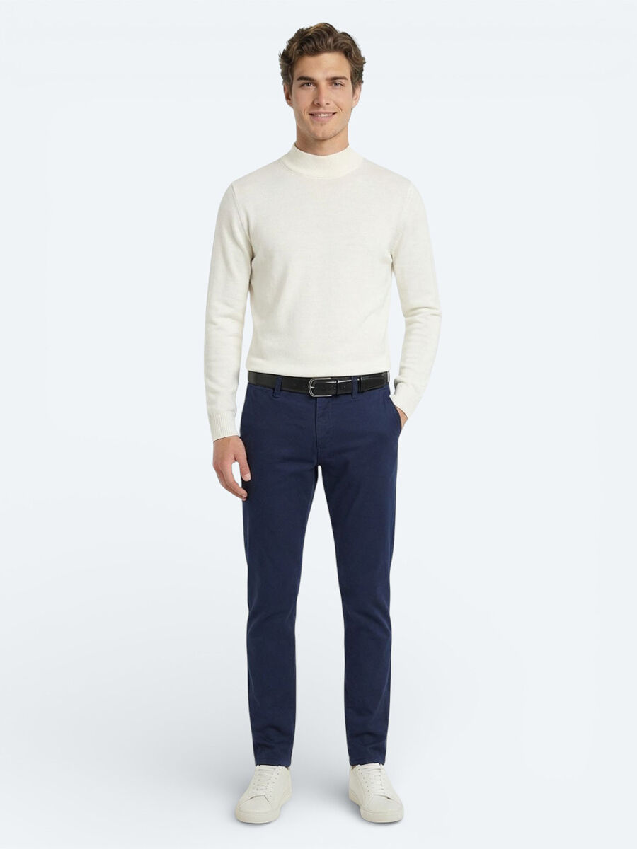 Gece Mavisi Düz Dokuma Slim Fit Casual Pamuk Karışımlı Pantolon - 3