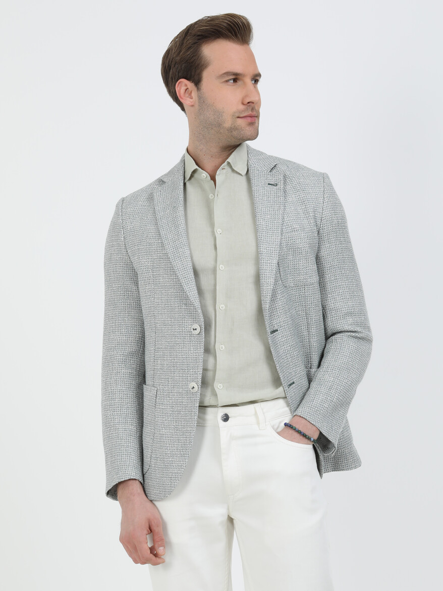 Green Patterned Modern Fit Cotton Blended Jacket - 1