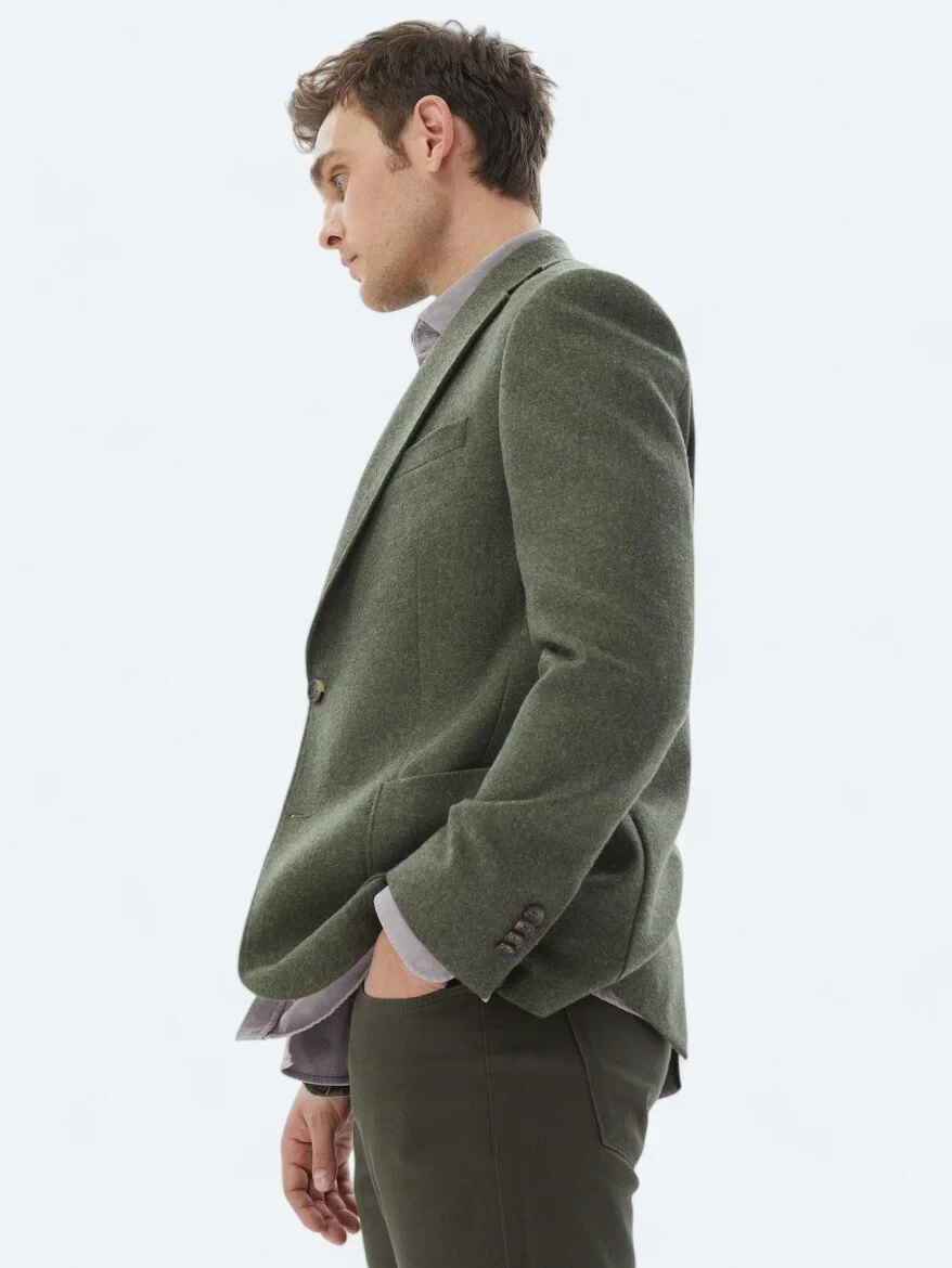Green Plain Comfort Fit Wool Blended Jacket - 4