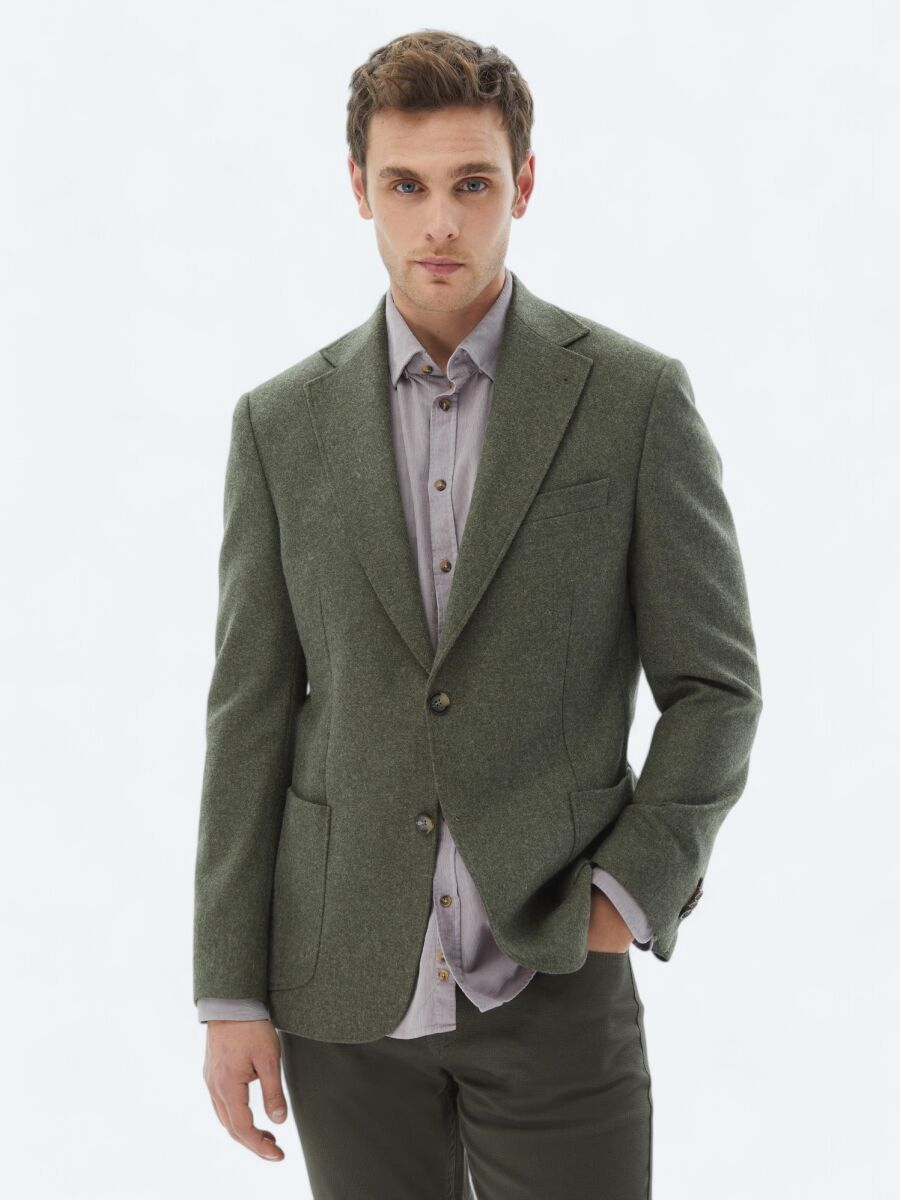 Green Plain Comfort Fit Wool Blended Jacket - 1