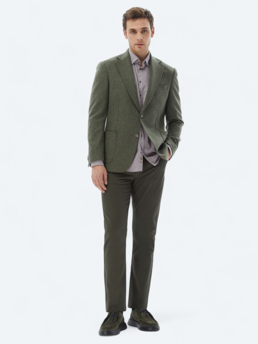 Green Plain Comfort Fit Wool Blended Jacket - 2