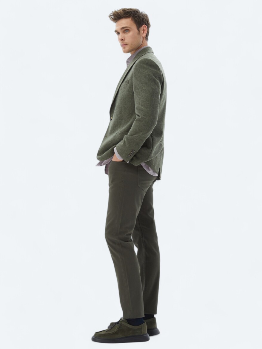 Green Plain Comfort Fit Wool Blended Jacket - 3